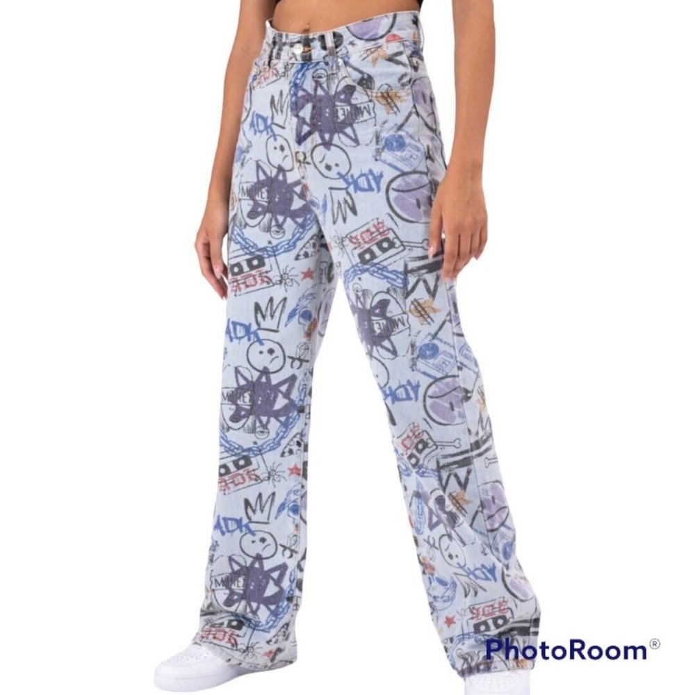 Adika Tag Graffiti Print Wide Leg Jeans Streetwear High Waist Size M 28” Waist